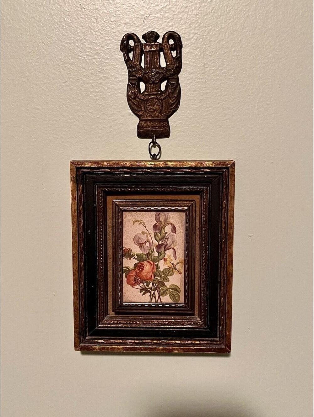 Antique Botanical Colored Illustration In Carved Wooden Frame With Ornate Hanger